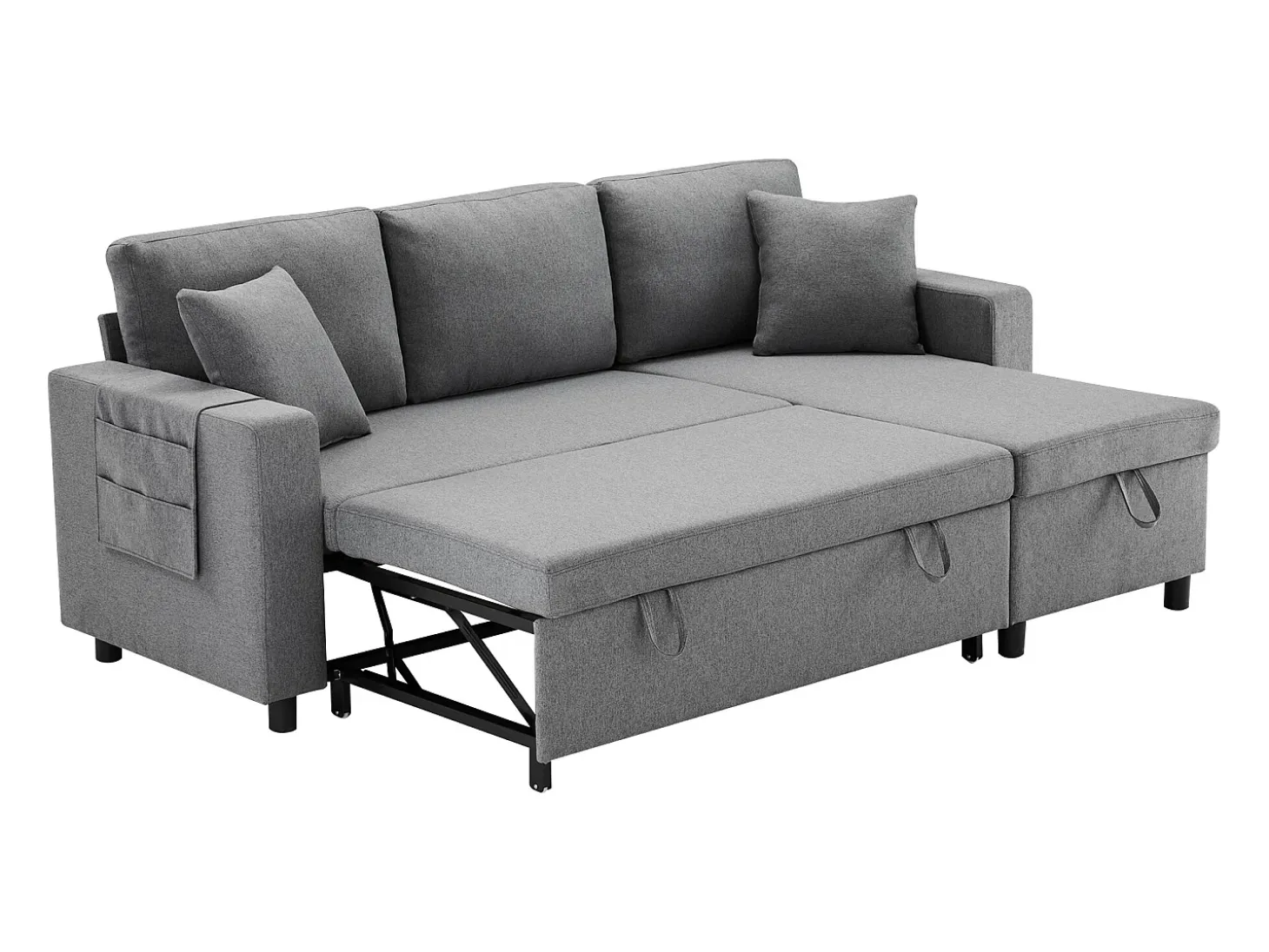 Sofá-cama, sofá em forma de L, bolsa para copos, intercambiável esquerda/direita, cinzento escuro