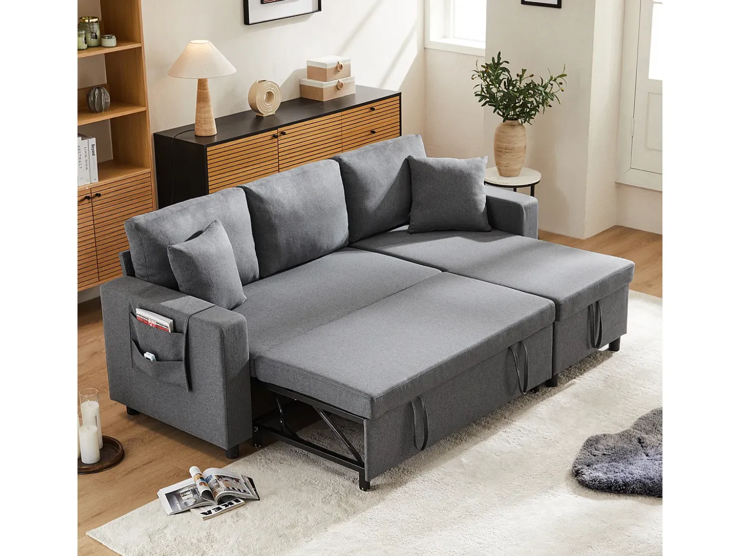 Sofá-cama, sofá em forma de L, bolsa para copos, intercambiável esquerda/direita, cinzento escuro