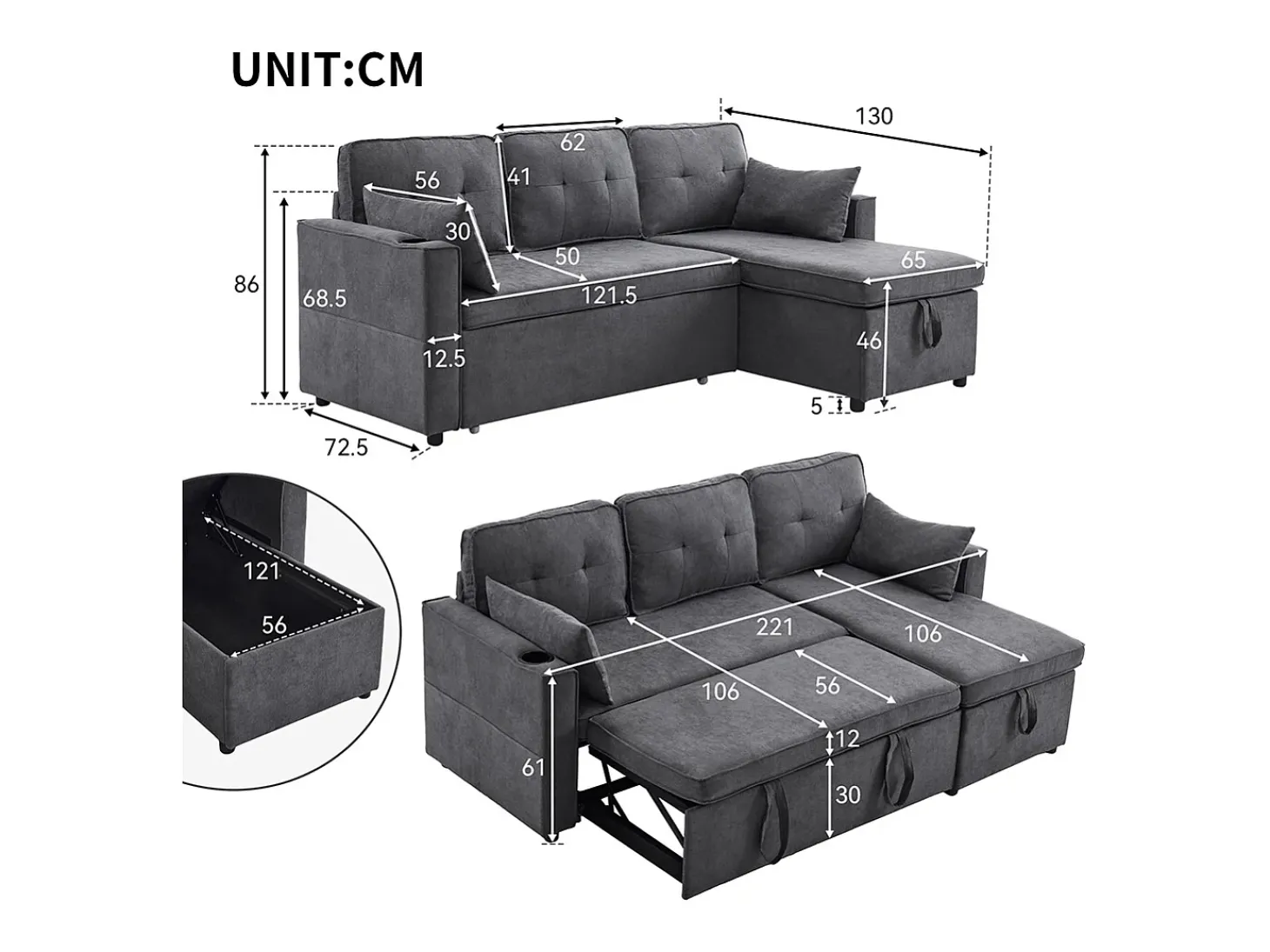 Sofás com função de dormir, sofás em L, móveis estofados, sofás, espreguiçadeiras com porta-copos,Preto