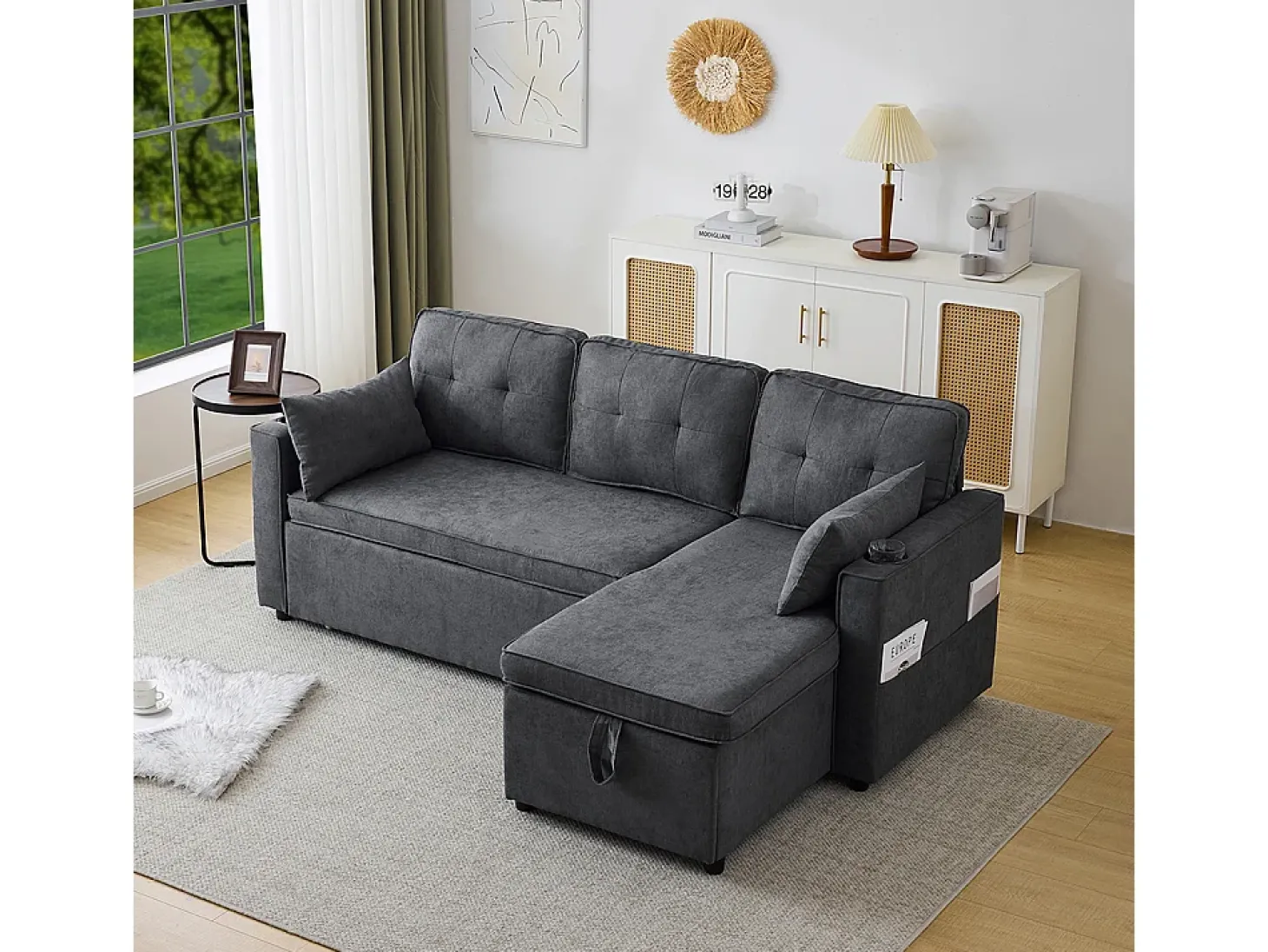 Sofás com função de dormir, sofás em L, móveis estofados, sofás, espreguiçadeiras com porta-copos,Preto
