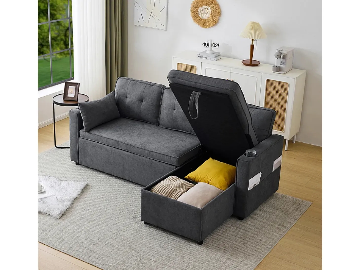 Sofás com função de dormir, sofás em L, móveis estofados, sofás, espreguiçadeiras com porta-copos,Preto