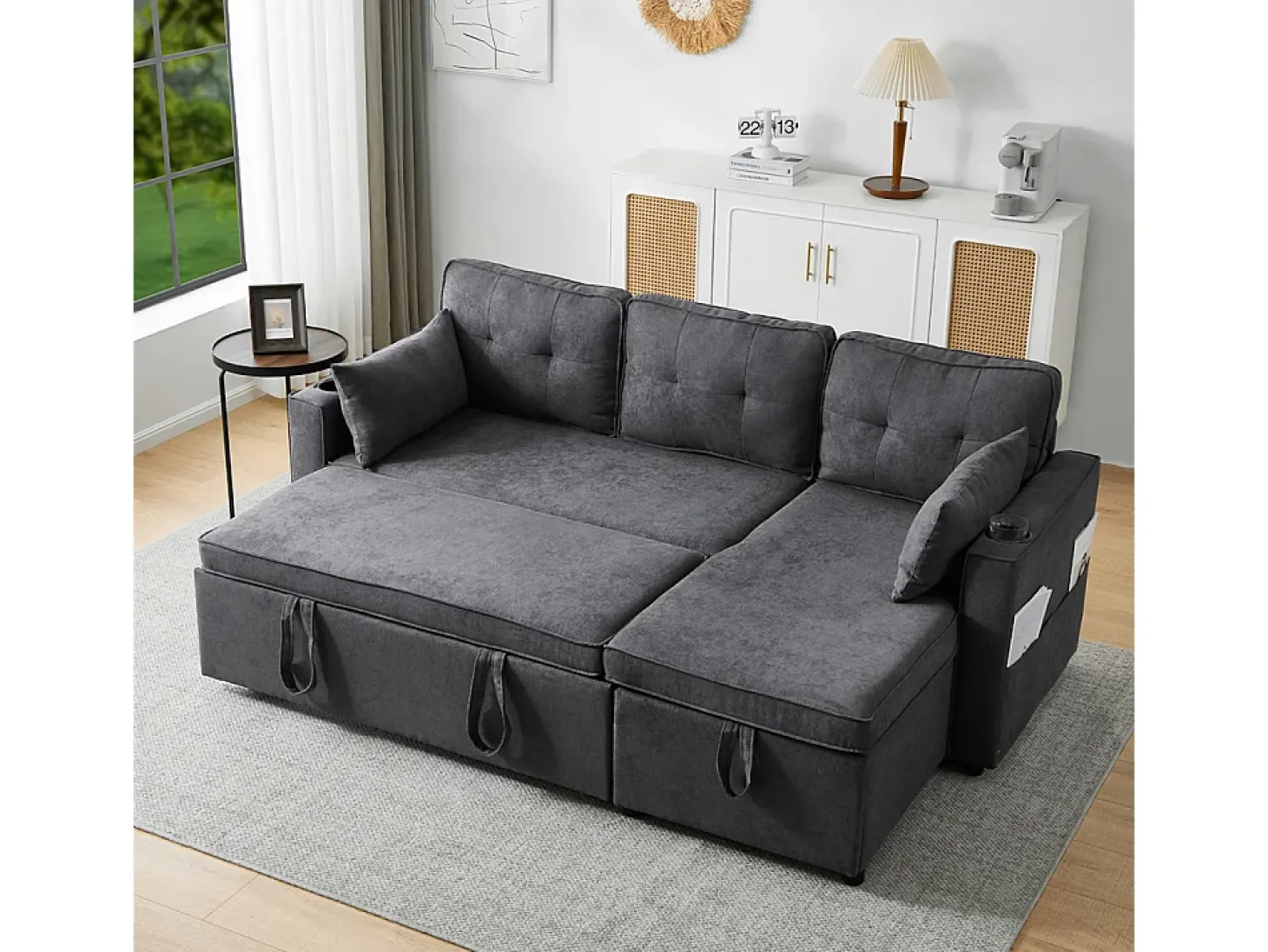 Sofás com função de dormir, sofás em L, móveis estofados, sofás, espreguiçadeiras com porta-copos,Preto