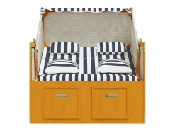 Strandkorb com almofadões vime PE e madeira maciça branco/azul