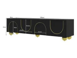 Suporte baixo para TV com portas texturizadas - 170 x 38 x 44 cm - com pés redondos dourados - aglomerado - preto