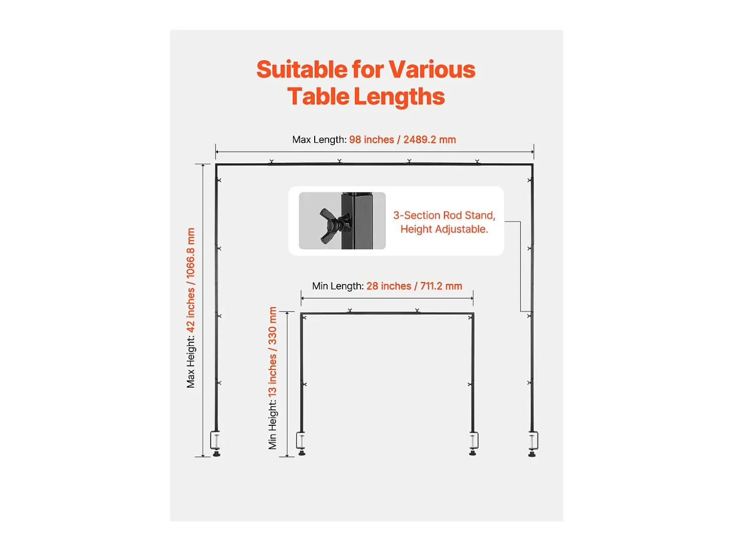 Suporte de Haste de Mesa SucceBuy com Pinças, Suporte de Arco de Mesa, Altura Ajustável 33-107 cm Comprimento Ajustável 71.1-249 cm, Quadro de Arco de Metal