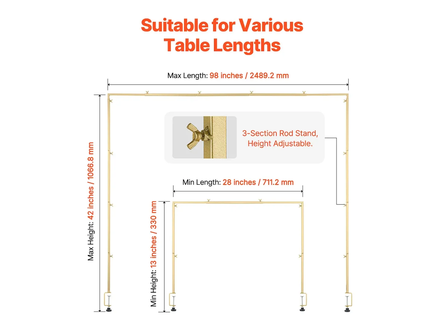 Suporte de Haste de Mesa SucceBuy com Pinças, Suporte de Arco de Mesa, Altura Ajustável 33-107 cm Comprimento Ajustável 71.12-249 cm, Quadro de Arco de Metal