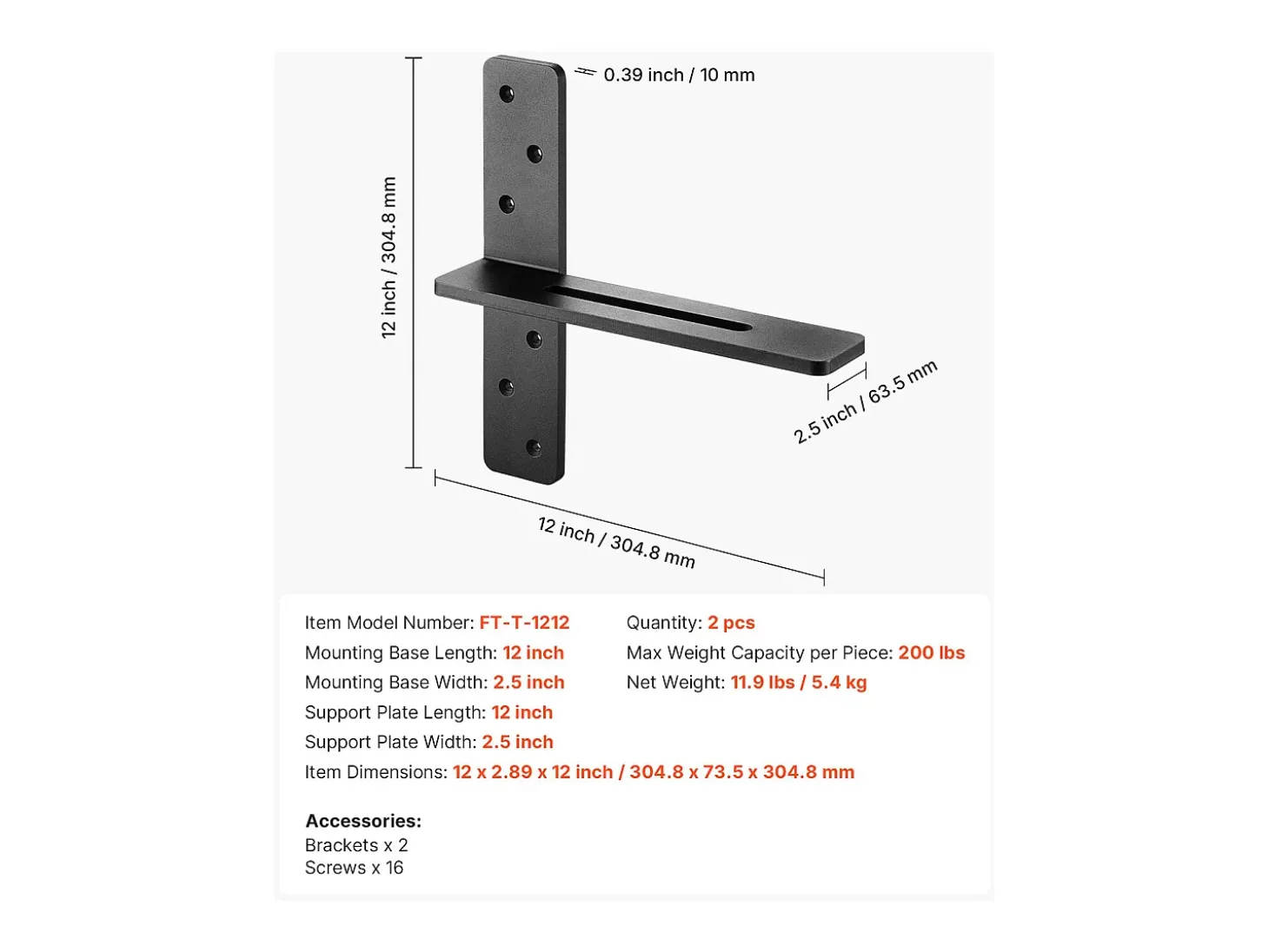Suporte de Prateleira Flutuante SucceBuy, 30.48x7.35x30.48 cm, Suportes de Parede Invisíveis em T Resistentes, Conjunto de 2, Capacidade de Carga 90 kg