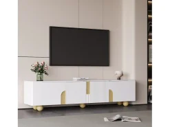 Suporte de TV - 180 x 40 x 44 cm - com 4 portas - pés esféricos - Aglomerado + MDF - branco