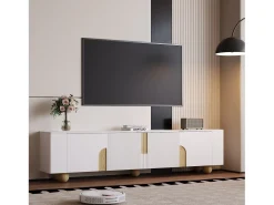 Suporte de TV - 180 x 40 x 44 cm - com 4 portas - pés esféricos - Aglomerado + MDF - branco