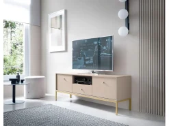 Suporte de TV 2 portas e 1 gaveta com pés de metal dourado, 154x56 cm