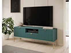 Suporte de TV 2 portas e 1 gaveta com pés de metal dourado, 154x56 cm