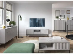Suporte de TV 2 portas e 1 gaveta com pés de metal preto, 154x56 cm