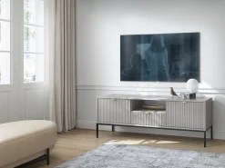 Suporte de TV 2 portas e 1 gaveta com pés de metal preto, 154x56 cm