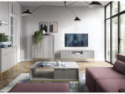 Suporte de TV 2 portas e 1 gaveta com pés de metal dourado, 154x56 cm