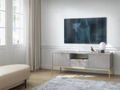 Suporte de TV 2 portas e 1 gaveta com pés de metal dourado, 154x56 cm