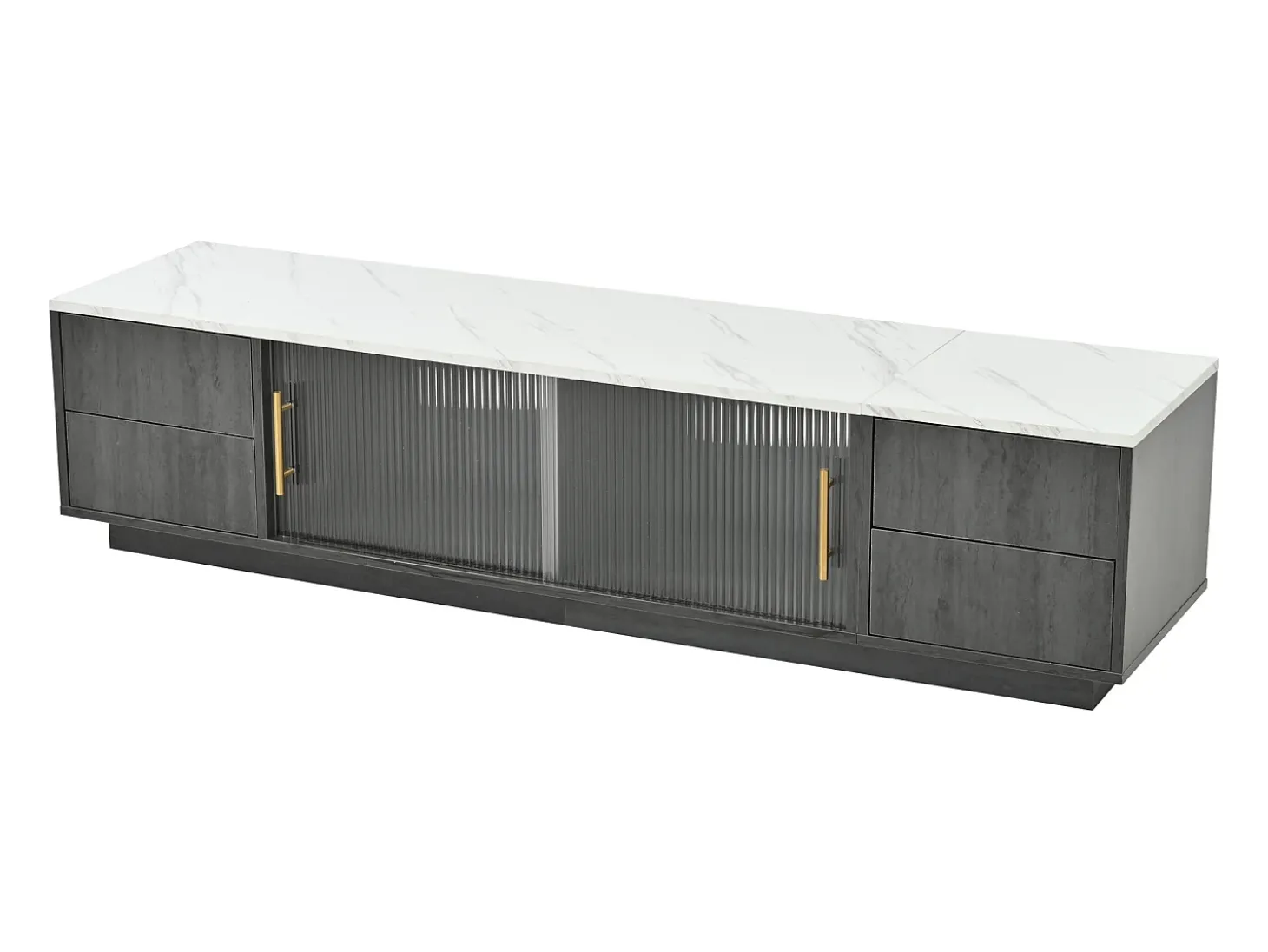 Suporte de TV de luxo de 160 cm para TVs de 70", cinza, tampo de mármore, gerenciamento de cabos, gavetas com abertura por pressão.