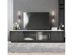 Suporte de TV de luxo de 160 cm para TVs de 70", cinza, tampo de mármore, gerenciamento de cabos, gavetas com abertura por pressão.