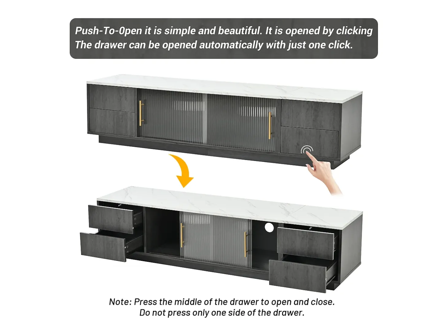 Suporte de TV de luxo de 160 cm para TVs de 70", cinza, tampo de mármore, gerenciamento de cabos, gavetas com abertura por pressão.