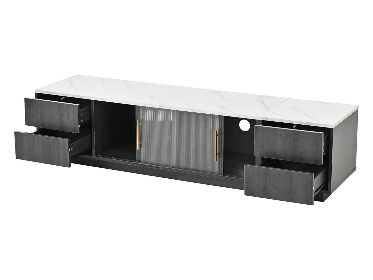 Suporte de TV de luxo de 160 cm para TVs de 70", cinza, tampo de mármore, gerenciamento de cabos, gavetas com abertura por pressão.