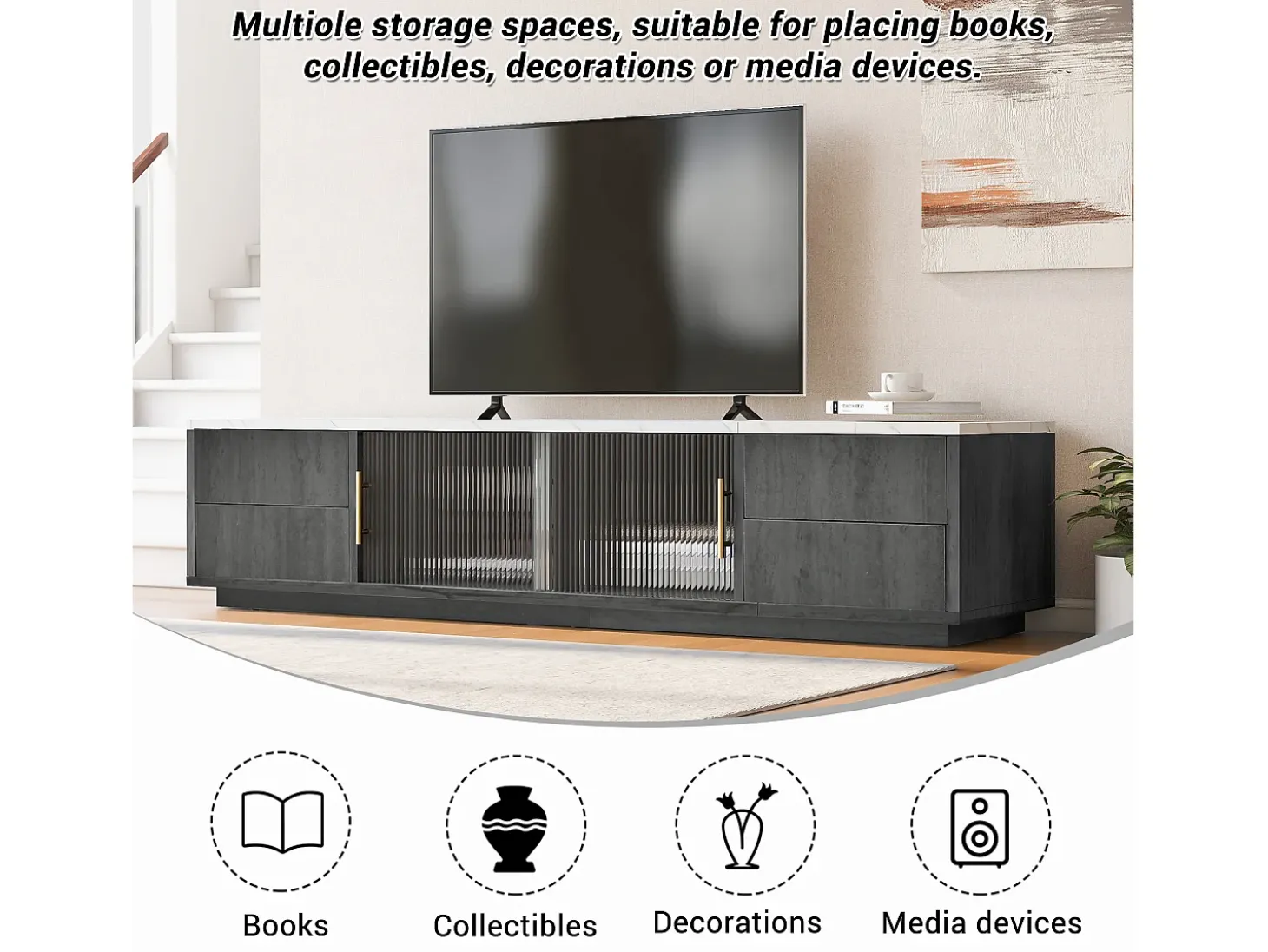 Suporte de TV de luxo de 160 cm para TVs de 70", cinza, tampo de mármore, gerenciamento de cabos, gavetas com abertura por pressão.