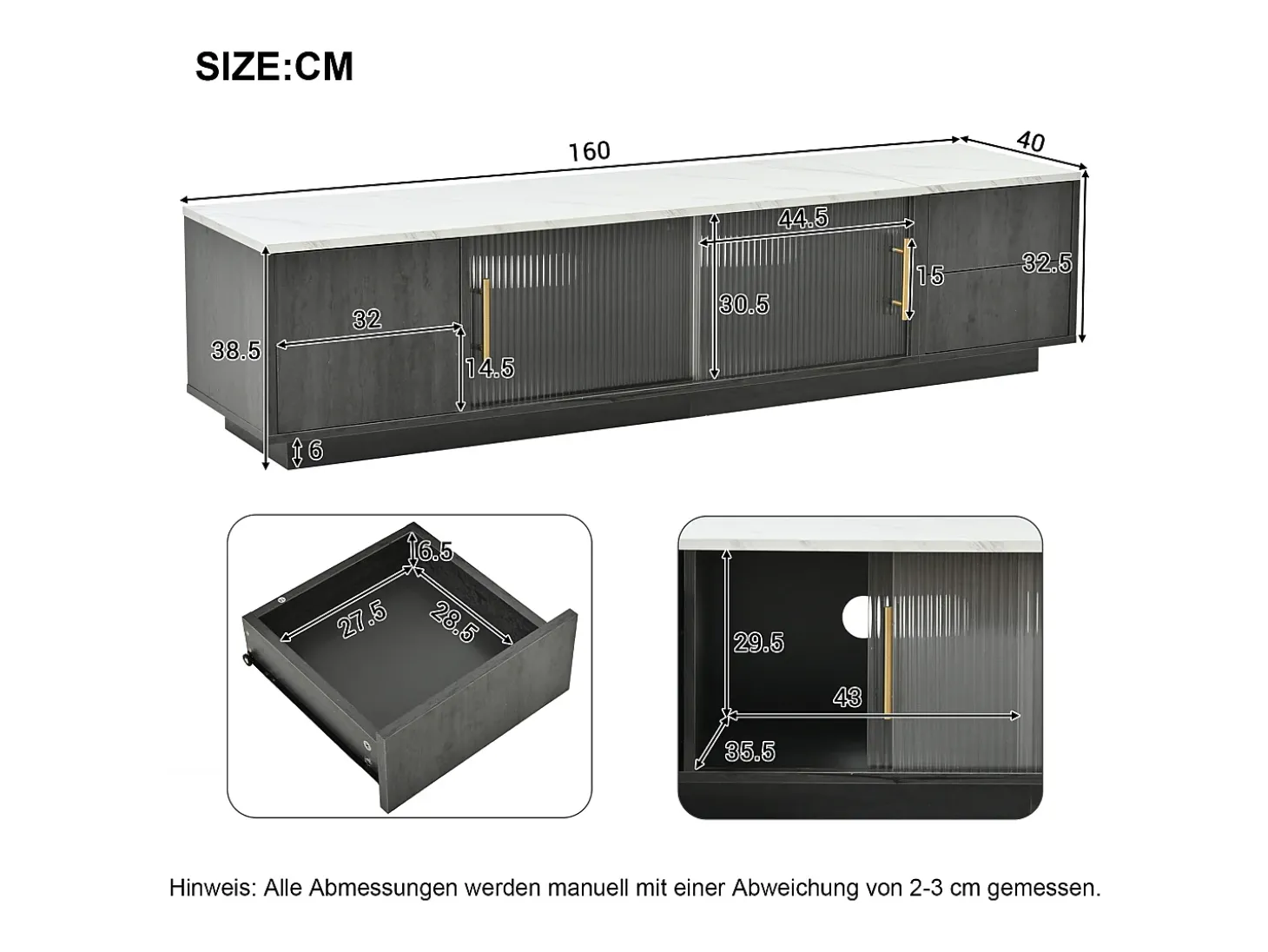 Suporte de TV de luxo de 160 cm para TVs de 70", cinza, tampo de mármore, gerenciamento de cabos, gavetas com abertura por pressão.