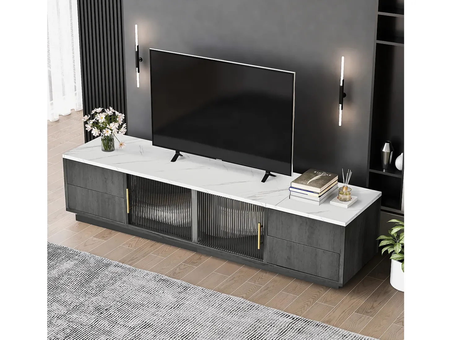 Suporte de TV de luxo de 160 cm para TVs de 70", cinza, tampo de mármore, gerenciamento de cabos, gavetas com abertura por pressão.