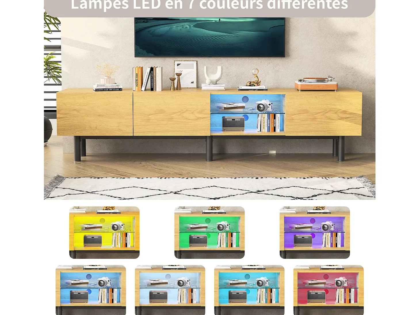 Suporte de TV de madeira com iluminação LED, portas e compartimento de armazenamento, para sala de estar, sala de jantar, quarto, madeira, 180 cm