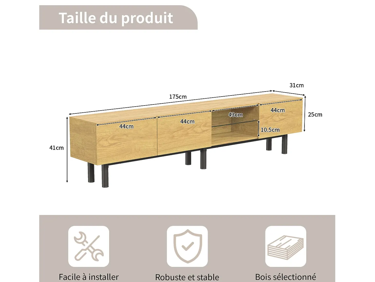 Suporte de TV de madeira com iluminação LED, portas e compartimento de armazenamento, para sala de estar, sala de jantar, quarto, madeira, 180 cm