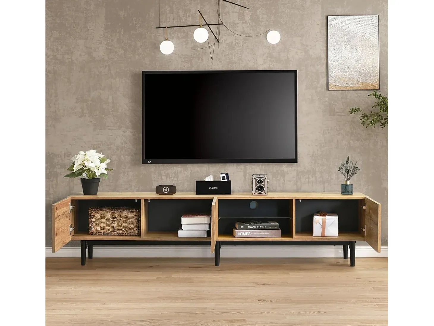 Suporte de TV de madeira com iluminação LED, portas e compartimento de armazenamento, para sala de estar, sala de jantar, quarto, madeira, 180 cm