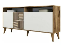 Suporte de TV DpIccion, Aparador de sala, Armário de TV baixo, Base de parede equipada, 160x35 h79 cm, Nogueira e Branco