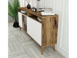 Suporte de TV DpIccion, Aparador de sala, Armário de TV baixo, Base de parede equipada, 160x35 h79 cm, Nogueira e Branco