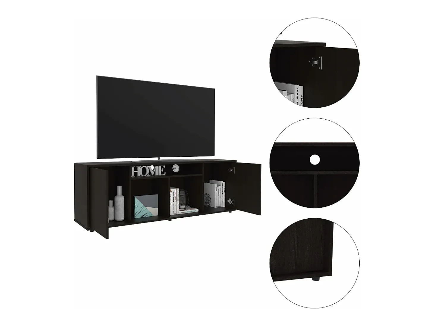 Suporte de TV em melamina Prana com ampla arrumação e 3 prateleiras, 51.5 cm X 150.4 cm X 37 cm , Preto