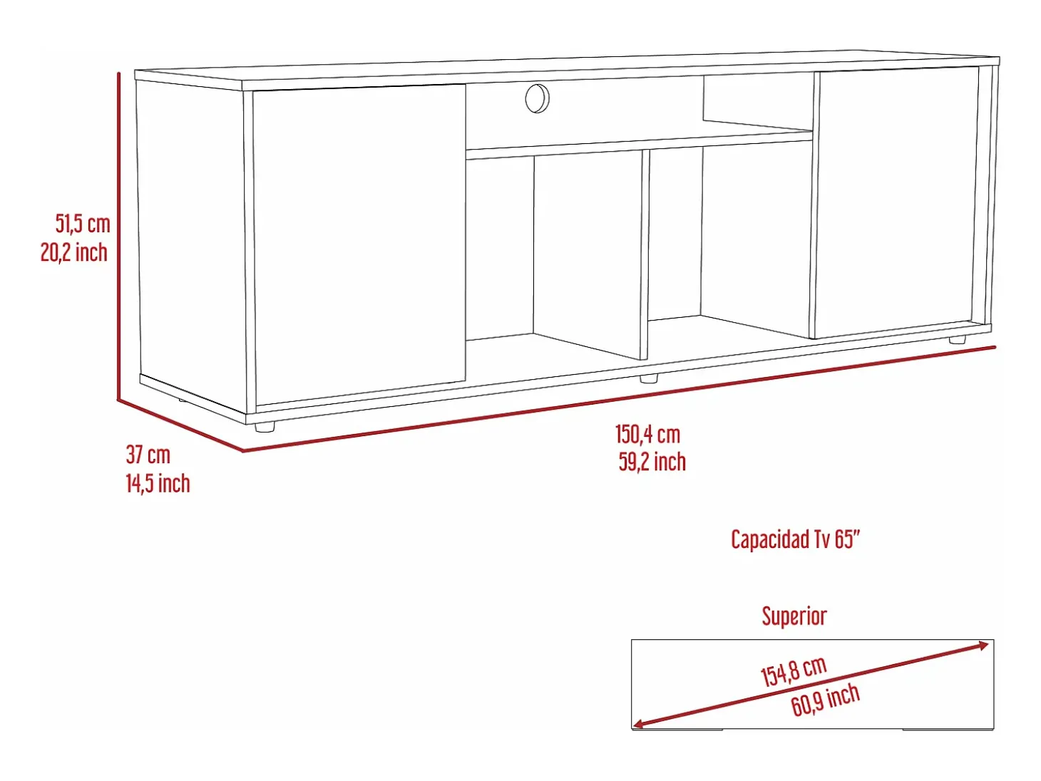Suporte de TV em melamina Prana com ampla arrumação e 3 prateleiras, 51.5 cm X 150.4 cm X 37 cm , Preto
