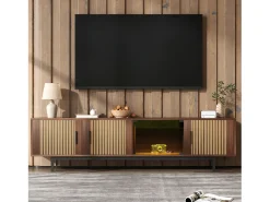 Suporte de TV, móvel baixo com textura esculpida, suporte de TV com barra de luz LED e porta de vidro temperado.