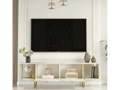 Suporte de TV móvel DFlorian, Aparador de sala, Armário de TV baixo, Base de parede equipada, 160x40h48 cm, Branco e Dourado