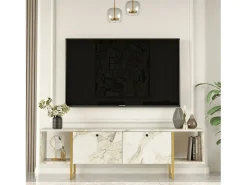 Suporte de TV móvel DFlorian, Aparador de sala, Armário de TV baixo, Base de parede equipada, 160x40h48 cm, Branco e Dourado