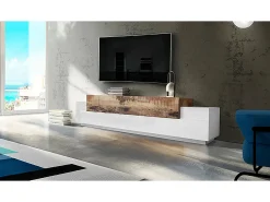 Suporte de TV Nico, Aparador baixo da sala, Base de suporte de televisão, 100% Fabricado na Itália, 240x45h52 cm, Branco brilhante e bordo