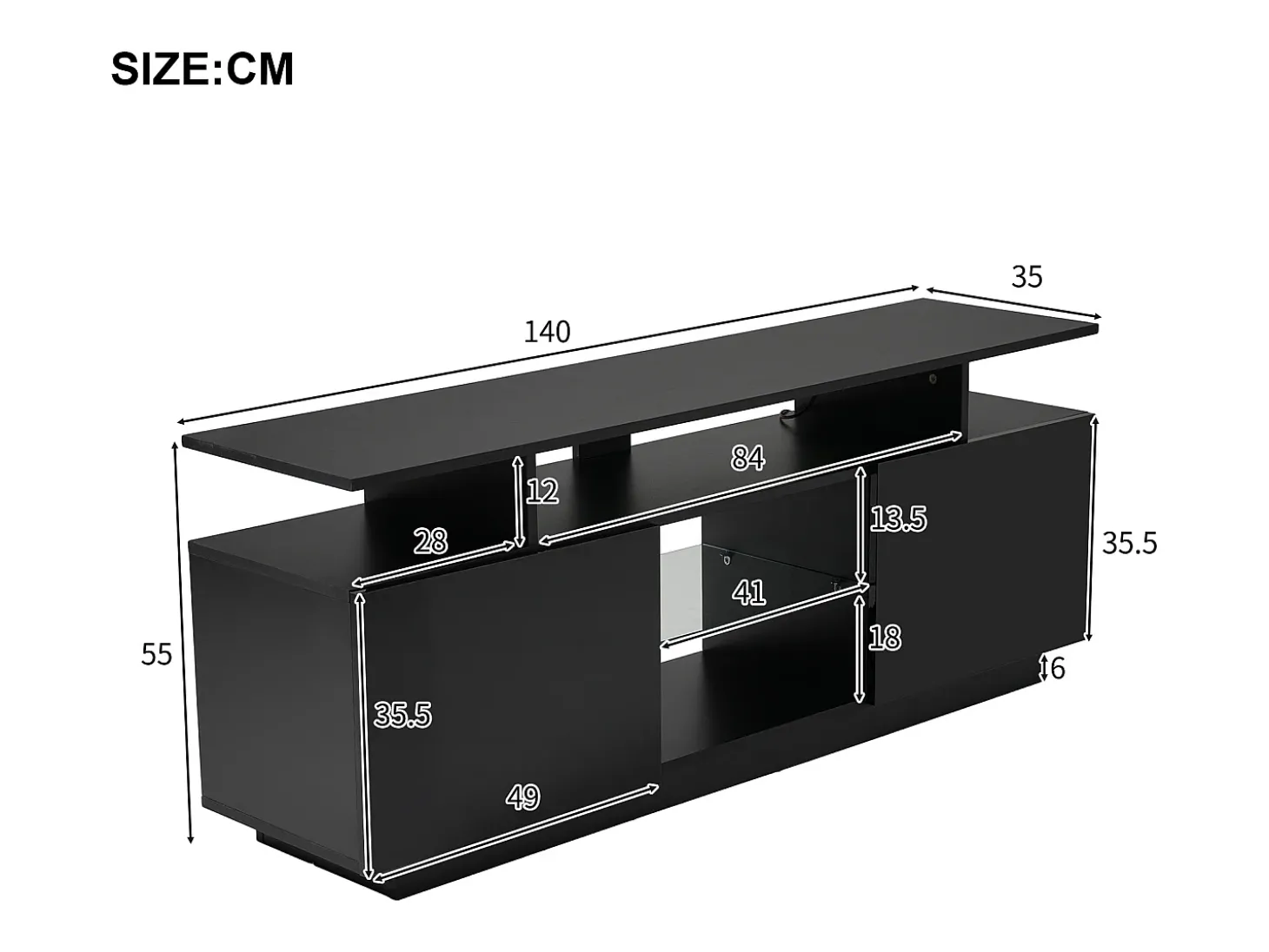 Suporte de TV preto com iluminação LED de 16 cores e 2 portas - para TVs de 40 a 49 polegadas.