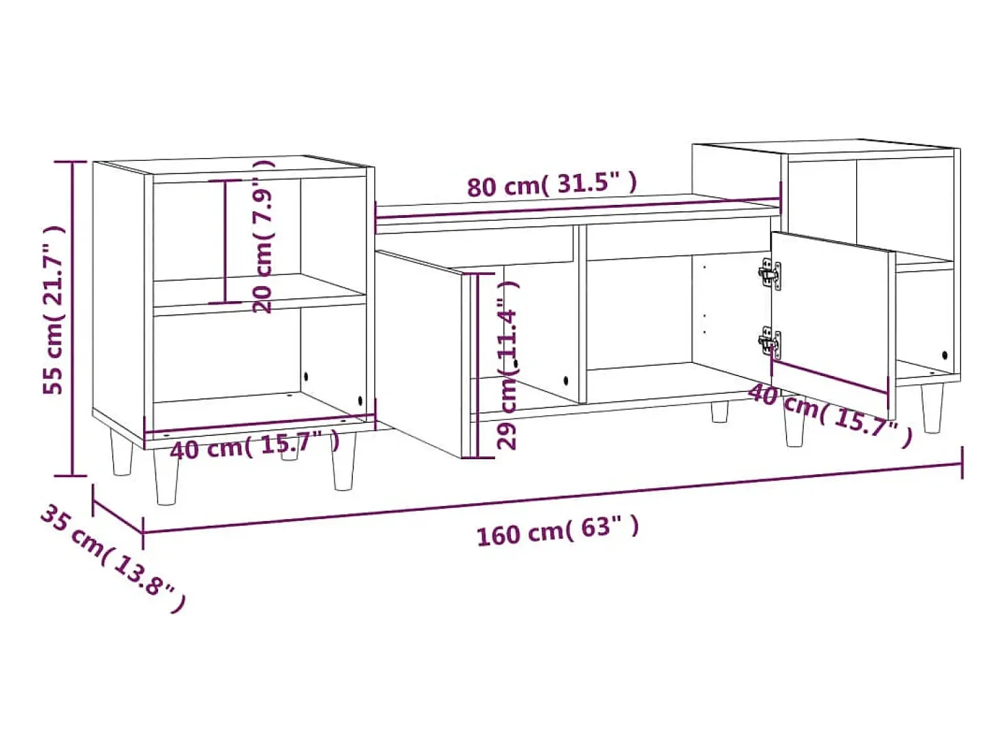 Suporte multimídia para TV prateleira para TV aparador armário para TV sala de jantar sala de estar quarto 160 x 35 x 55 cm madeira engenheirada branca 02_0026059