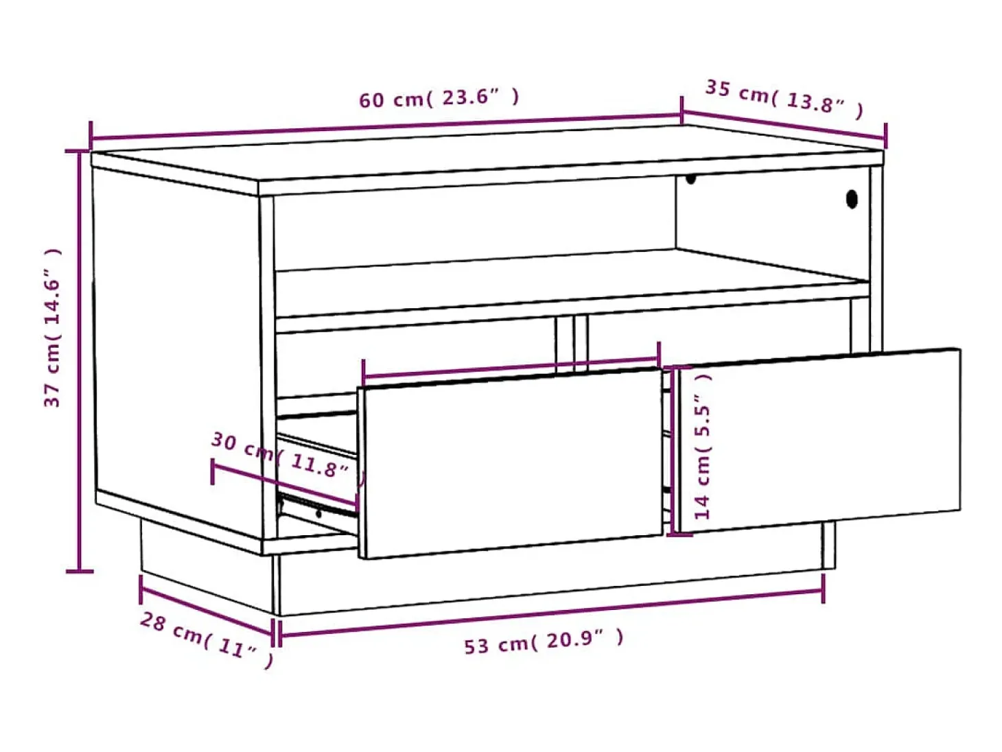 Suporte multimídia para TV prateleira para TV aparador armário para TV sala de jantar sala de estar quarto 60 x 35 x 37 cm madeira maciça de pinho branco 02_0026139
