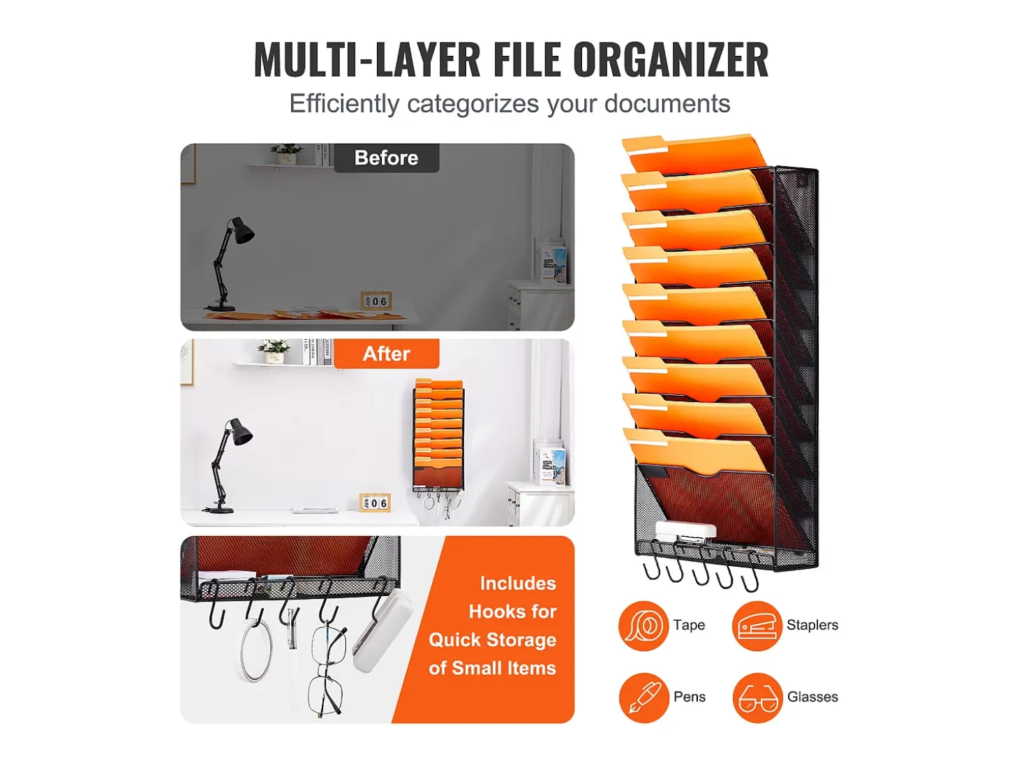 Suporte Mural SucceBuy File Wall Shelf Mesh Wall File Holder 1 Peça 10 Bolsas para Escritório e Escola