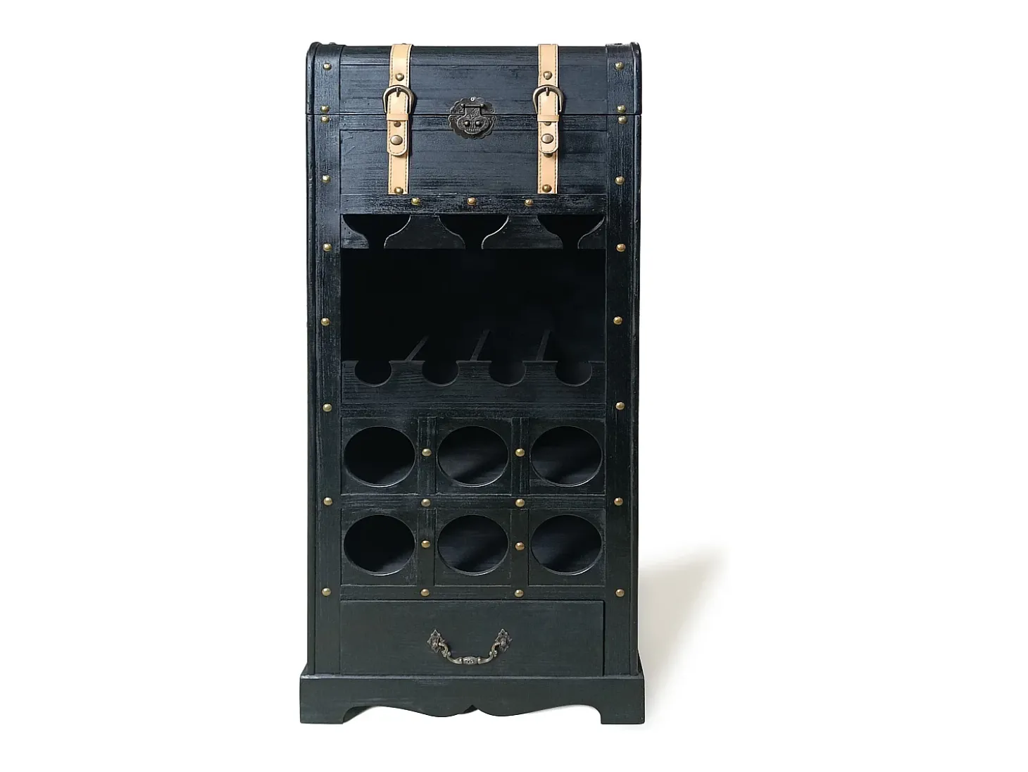 Suporte para garrafas com baú em madeira de pinheiro e MDF, L.43 x A.100 cm, Preto, CAVINA
