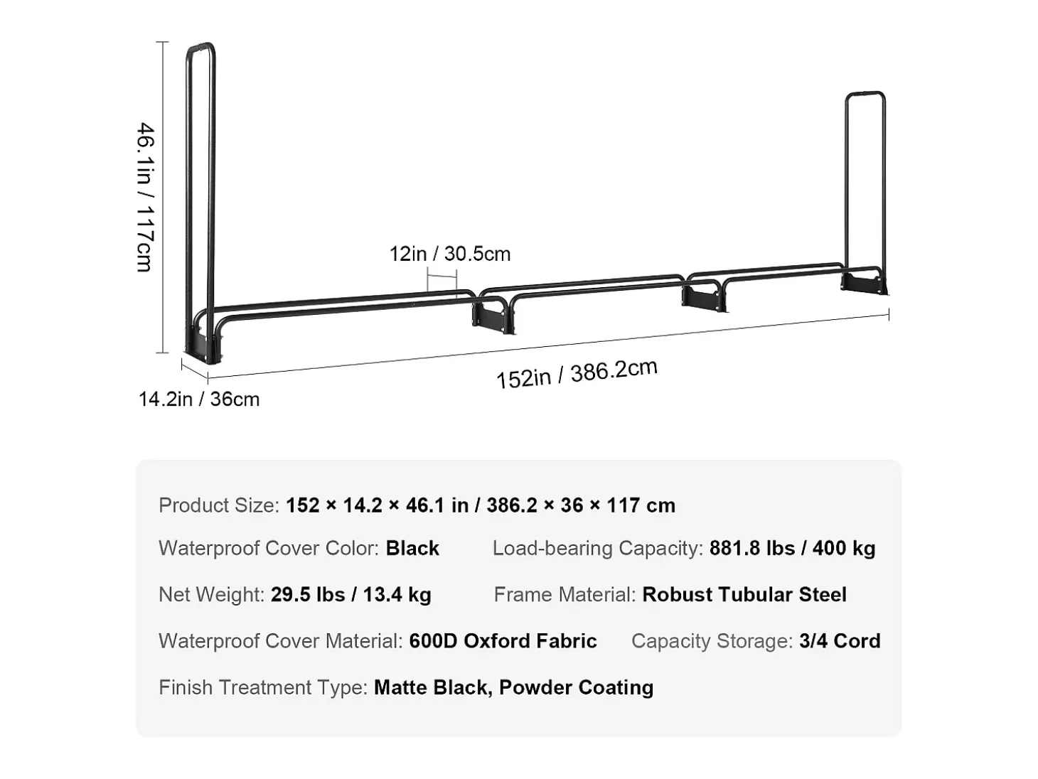 Suporte para Lenha Exterior de 12,7 Pés com Tampa SucceBuy, Suporte para Lenha 152" x 14,2" x 46,1" (Suporte para Lenha Exterior com Tampa)