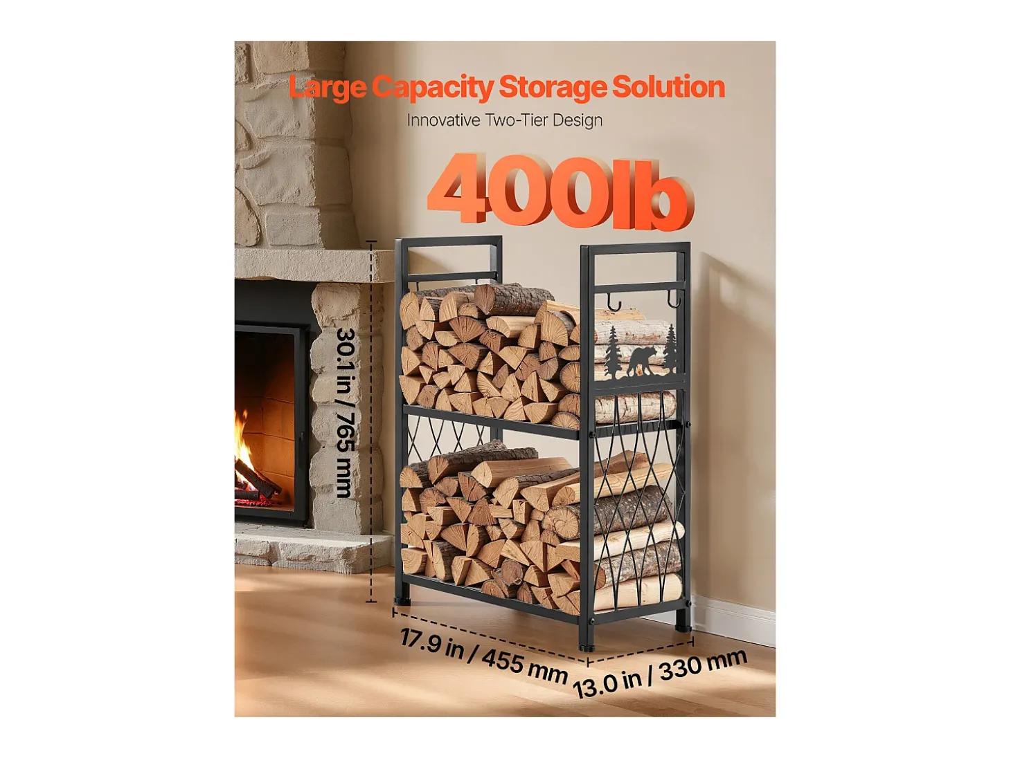 Suporte para Lenha SucceBuy de Aquecimento de 2 Níveis, Armazenamento de Lenha Interno, 45.5 x 33 x 76.5 cm, com Ferramentas de Lareira, Escova, Pá