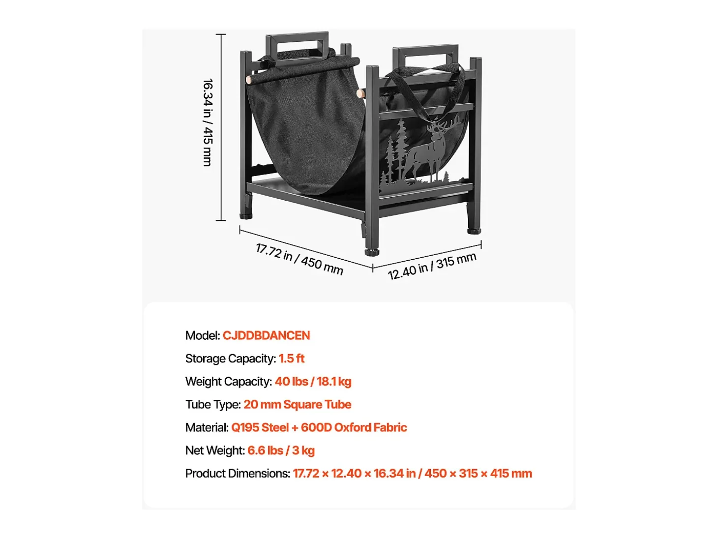 Suporte para Lenha SucceBuy de Aquecimento Interno, Armazenamento de Lenha Curvo 45 x 31.5 x 41.5 cm, com Suporte de Lona, Capacidade de Carga 18,1 kg
