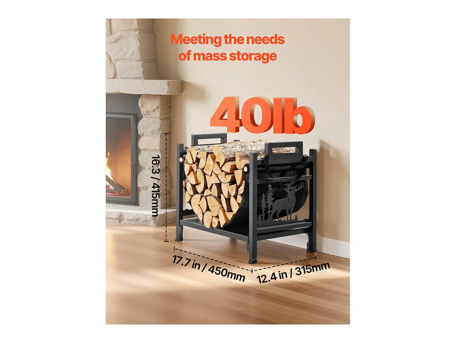 Suporte para Lenha SucceBuy de Aquecimento Interno, Armazenamento de Lenha Curvo 45 x 31.5 x 41.5 cm, com Suporte de Lona, Capacidade de Carga 18,1 kg