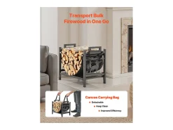 Suporte para Lenha SucceBuy de Aquecimento Interno, Armazenamento de Lenha Curvo 45 x 31.5 x 41.5 cm, com Suporte de Lona, Capacidade de Carga 18,1 kg