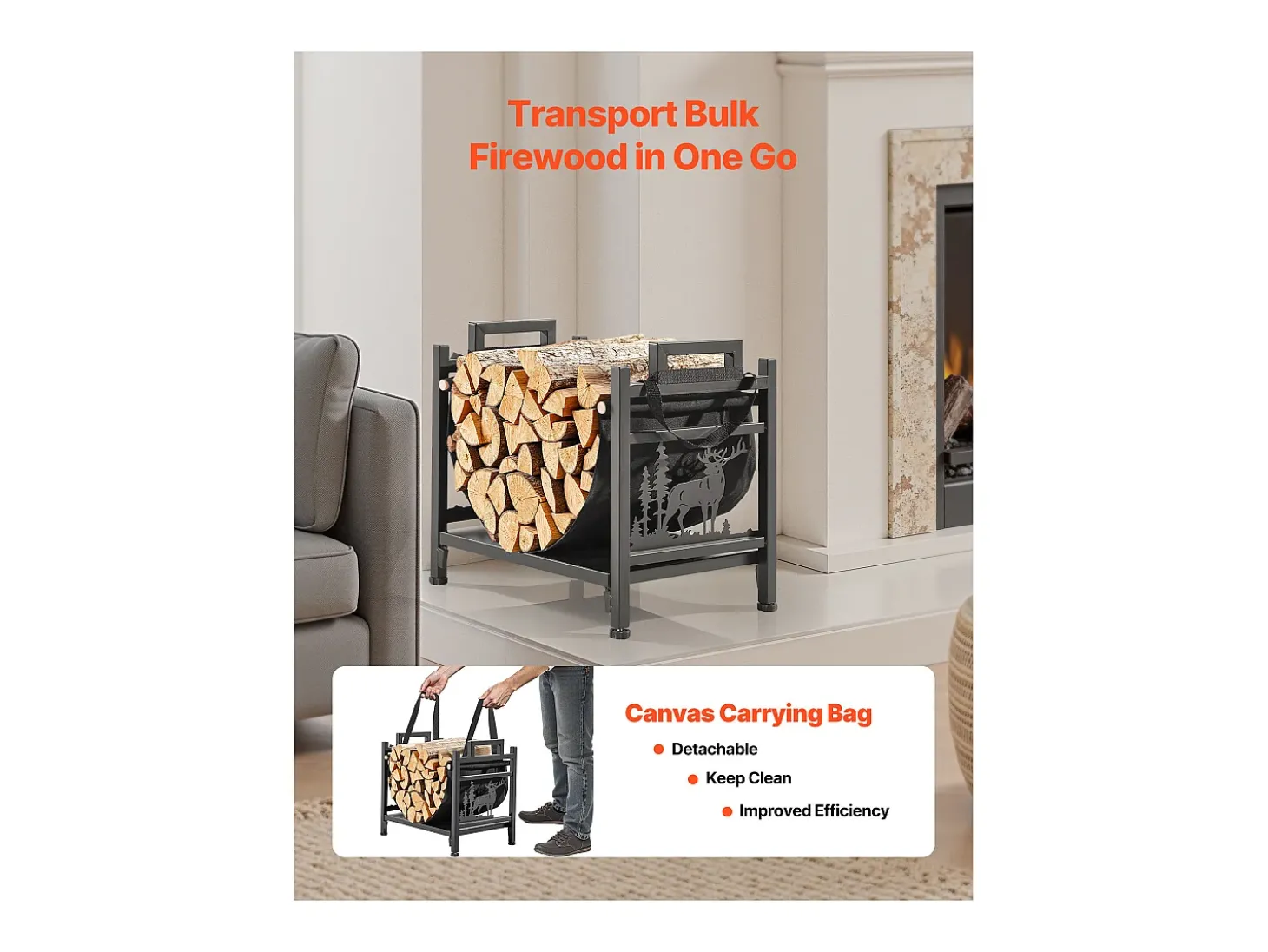 Suporte para Lenha SucceBuy de Aquecimento Interno, Armazenamento de Lenha Curvo 45 x 31.5 x 41.5 cm, com Suporte de Lona, Capacidade de Carga 18,1 kg