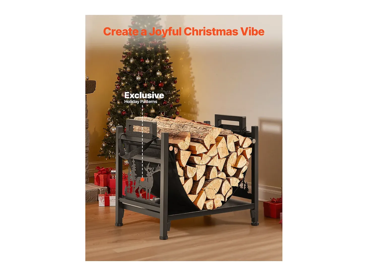 Suporte para Lenha SucceBuy de Aquecimento Interno, Armazenamento de Lenha Curvo 45 x 31.5 x 41.5 cm, com Suporte de Lona, Capacidade de Carga 18,1 kg