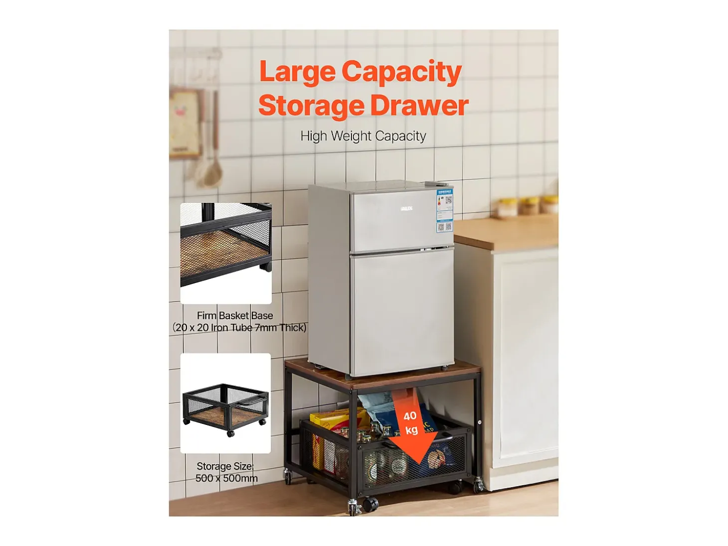 Suporte para Mini-Frigorífico SucceBuy, com Arrumação, Capacidade de 90 kg, Carrinho e Rodas Giratórias, Castanho Claro